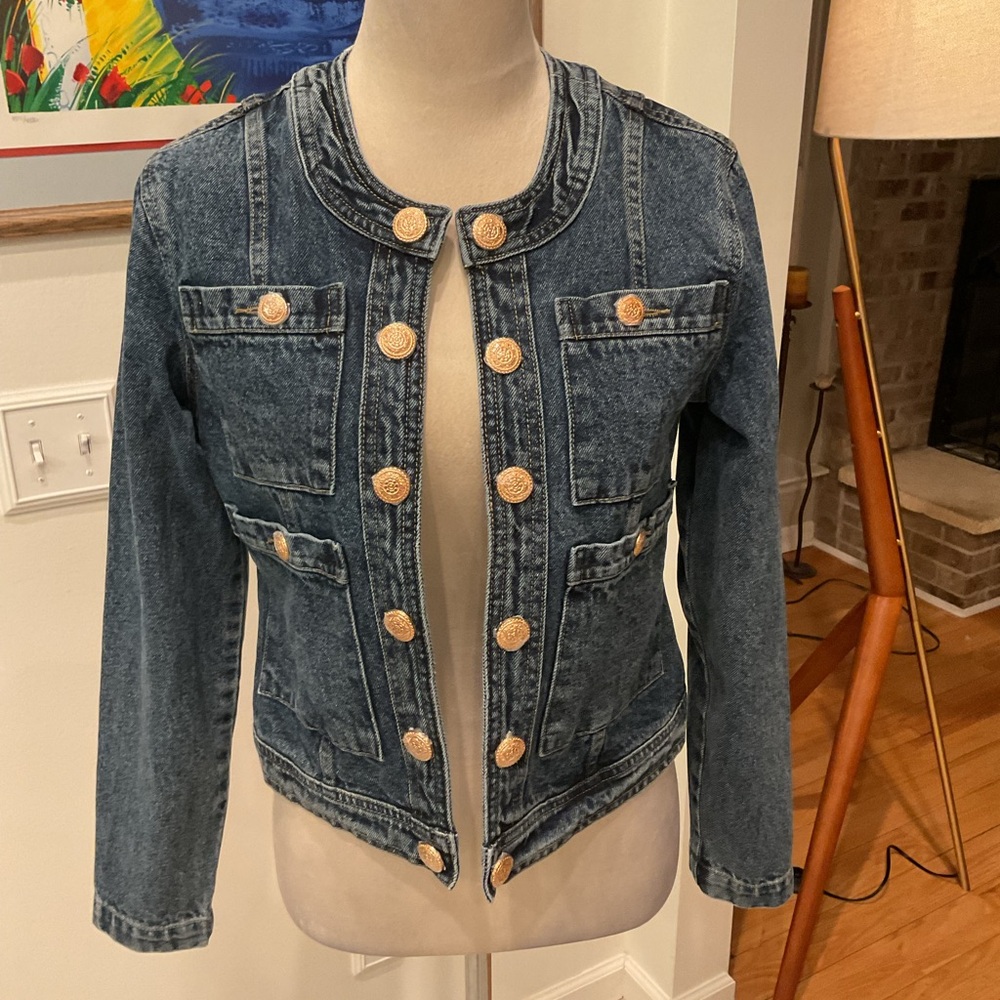 Dark Wash Denim Jean Jacket with Gold Buttons
